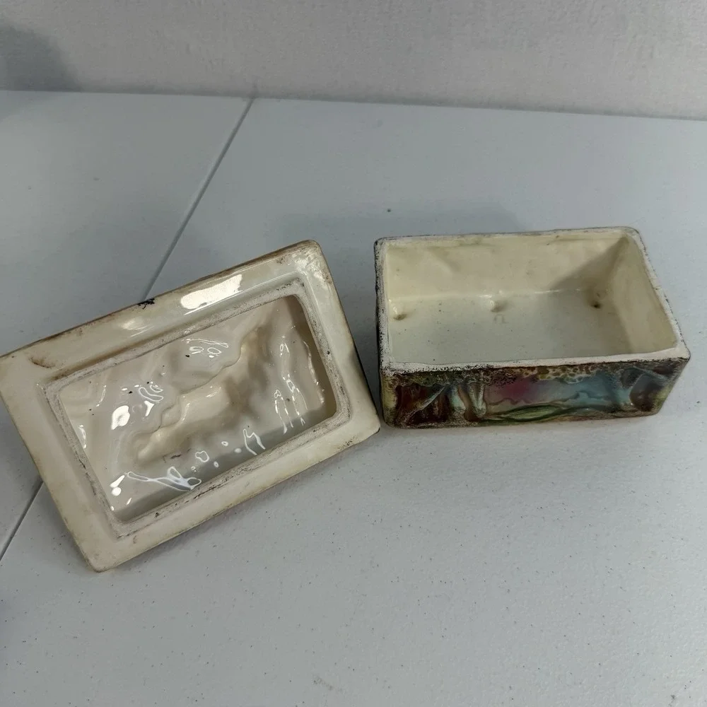 Vtg 50's Hand Paint Porcelain 3-D Trinket Jewelry Box Tray Japan Tree House Lake
